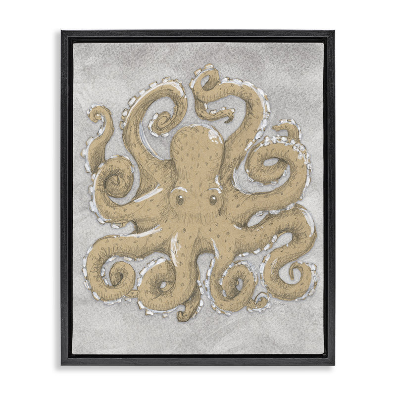 Cadre flottant gris avec dessin de pieuvre, design par Patti Bishop, H 21 po x l 17 po, Cadre flottant noir de jais