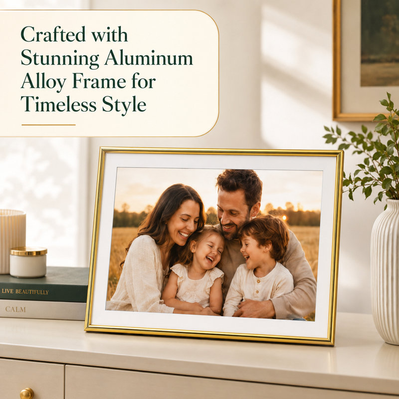  Cadre photo numérique 15,6 "WiFi avec application Frameo, affichage intelligent de photos Full HD à rotation automatique, 32 Go - or
