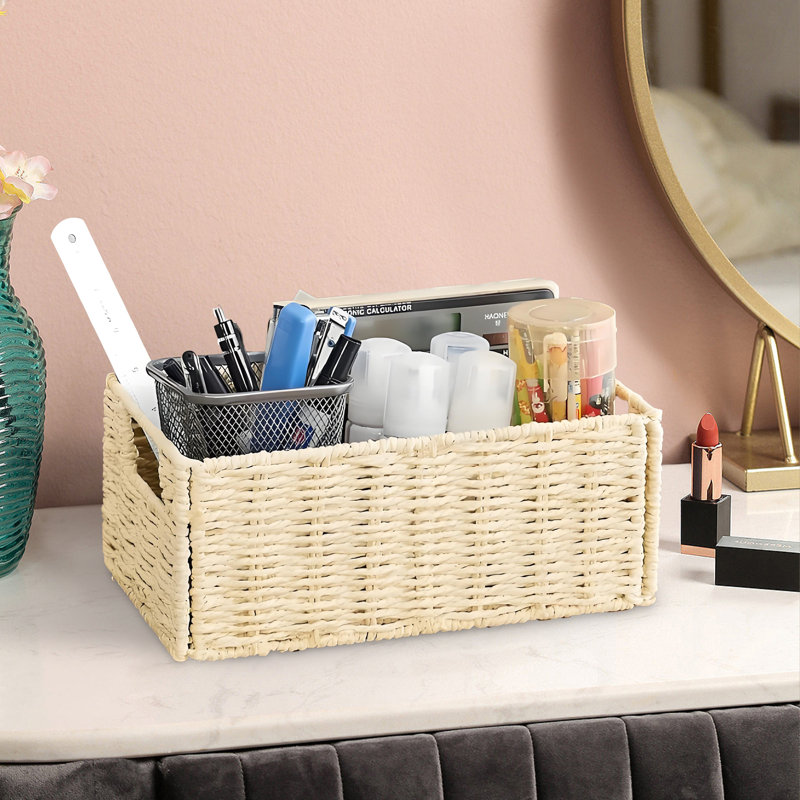 Ensemble de 4 paniers de rangement écologiques en corde de papier tissé - Organisateurs rectangulaires pliables noirs avec poignées - Rangement ouvert peu encombrant pour la maison, les tablettes, la salle de bain et le salon