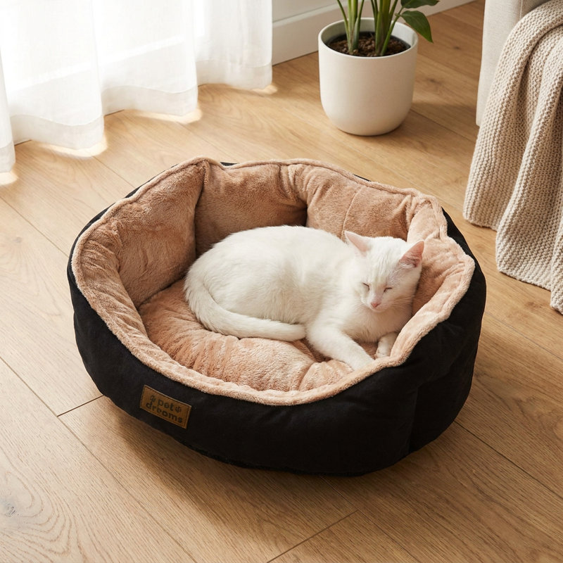 Pet Bed, 15.7" D x 19.7" W, Black; Beige