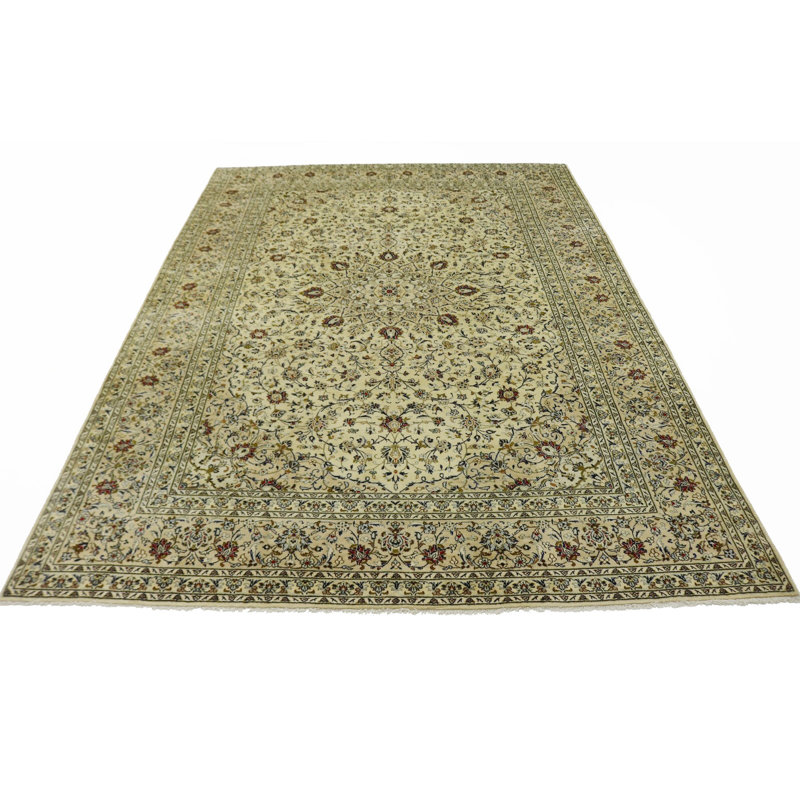 Tapis beige en laine noué à la main de conception unique 9 pi 7 po x 13 pi 5 po années 1980