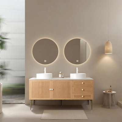 Meuble-lavabo de 60 po avec 2 lavabos, rangement autoportant en contreplaqué, 3 tiroirs à fermeture douce et 2 portes, lavabo en céramique