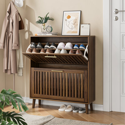 31.5-Inch Walnut Shoe Storage Cabinet, Medieval Modern Independent Shoe Cabinet, Fence Shoe Cabinet With 2 Flip Drawers, Suitable For Corridors And Entrances