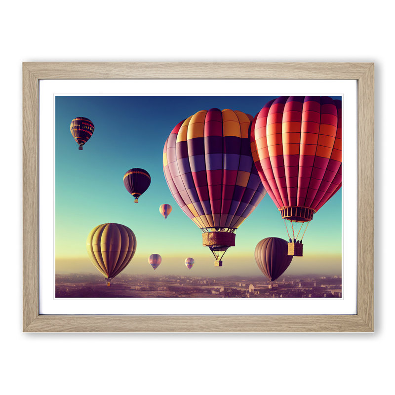 Hot Air Balloons In Flight - Single Picture Frame Print, 25cm H x 34cm W x 2cm D, Oak