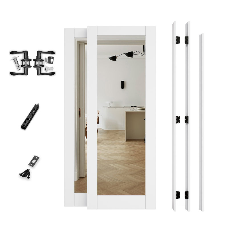 Porte française intérieure de 36 po x 80 po, portes de miroir de qualité supérieure 1-Lite, ensemble complet de charnières, charnières noires, 4 leviers courbés et loquet, apprêt blanc prêt à être peint et parfait pour la porte de chambre à coucher, porte fermée, porte de couloir, porte de salon, Porte de garde-manger et porte de salle de bain