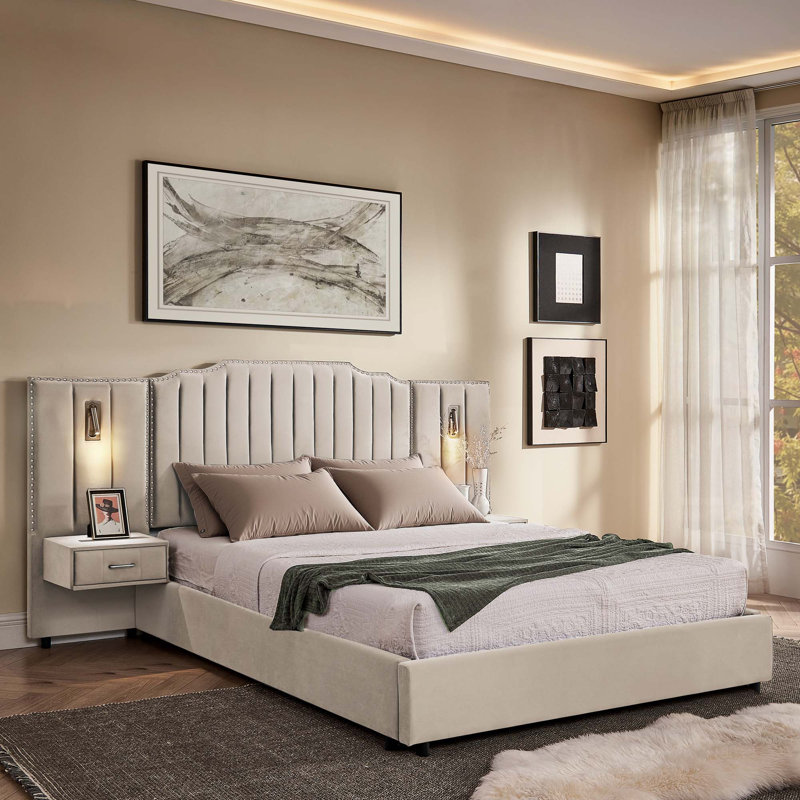 Queen Size Upholstered Bed Frame With Velvet Fabric, Vertical Stripe Design With Buttons Around  Platform Bed With Headboard, Solid Frame & Bedside Table - No Box Spring Needed-Gray
