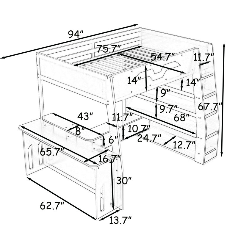 Lit mezzanine double en bois avec bande lumineuse, tablettes de rangement et bureau, Bleu nuage