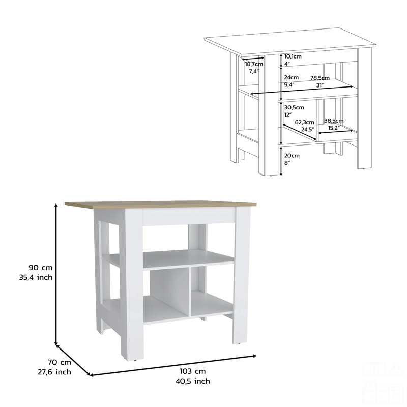 Îlot de cuisine, table de cuisine H 35 po, 3 tablettes ouvertes