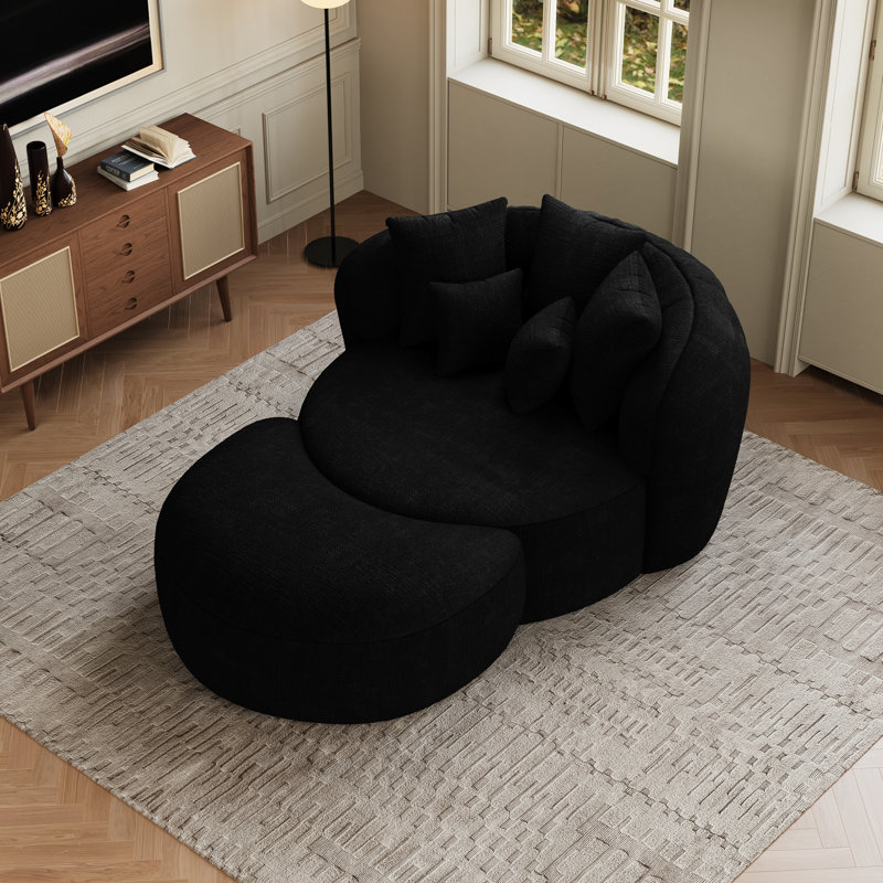 Canapé courbé 2 pièces en chenille avec repose-pieds en forme de croissant, fauteuil d'appoint pour le salon, Noir
