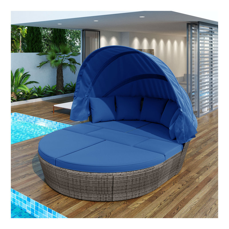 Lit de jour en rotin avec meubles rétractables Staciee, Coussin bleu / cadre gris