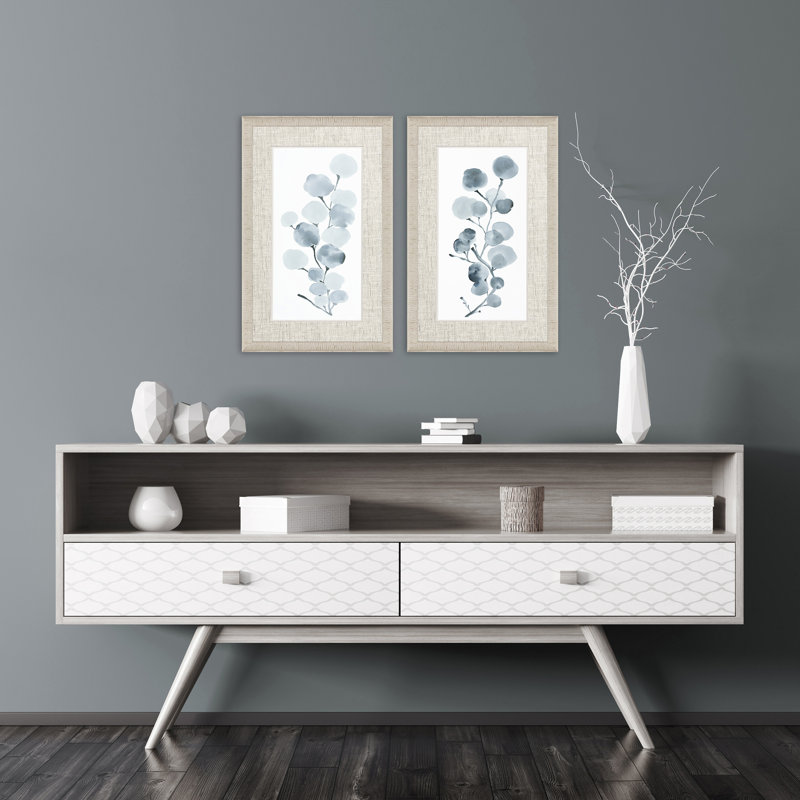 Set of Two Gray Botanical White Wood Framed Prints