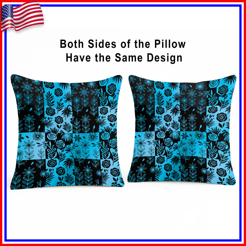 Blue Black Floral Pattern Double Sided Throw Pillows, 16 x 16 inches