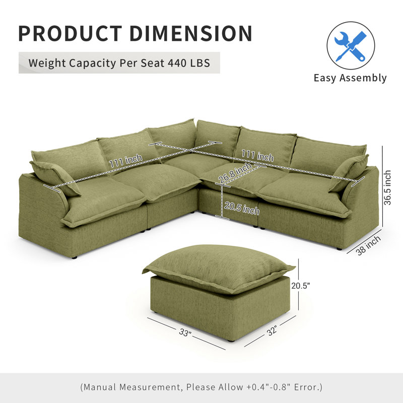 Modular Sectional Couch Down Filled Sofa, Comfty Convertible Deep Seat Cloud Couch For Living Room, Detachable Washable Couches Cushion Covers