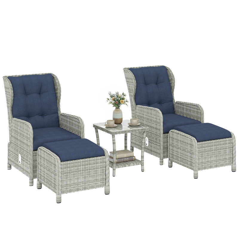 Outsunny 5 Pieces Rattan Bistro Set Adjustable Back, Blue Cushion/Grey Frame