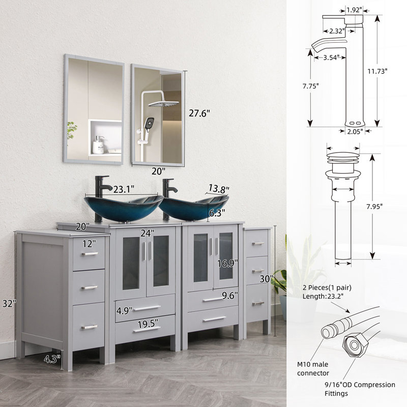 Brazel 72'' Free Standing Double Bathroom Vanity with Manufactured Wood Top, Vessel Sink, Faucet, Drain, Blue, Gray