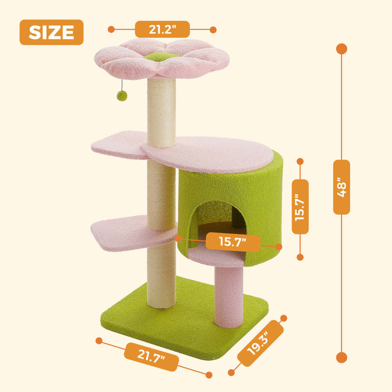 48" Cat Tree Tower With Fully-Wrapped Scratching Posts, Multi-Level Cat Condo, Perch & Hammocks, Pink