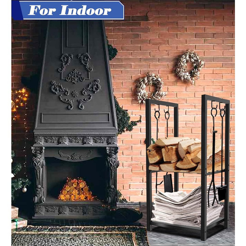 Petit support de rangement à bûches 2 niveaux pour foyer intérieur ou patio extérieur, noir