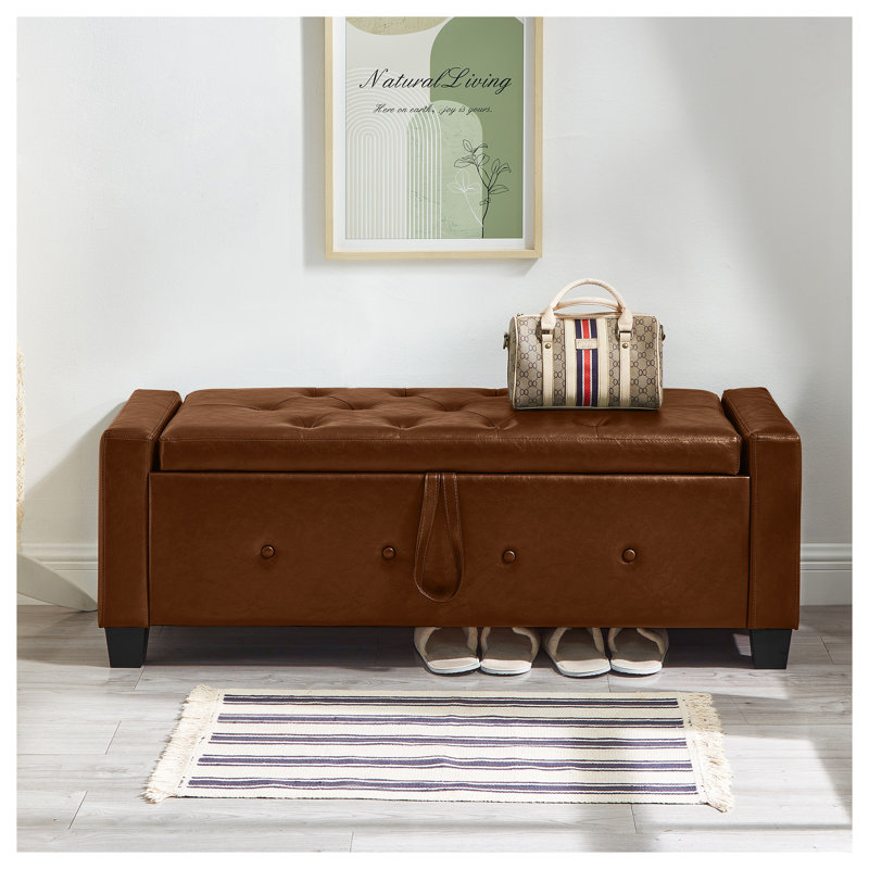 Banc de rangement avec repose-pieds 48 po en similicuir brun pour vestibule ou chambre à coucher, Brown