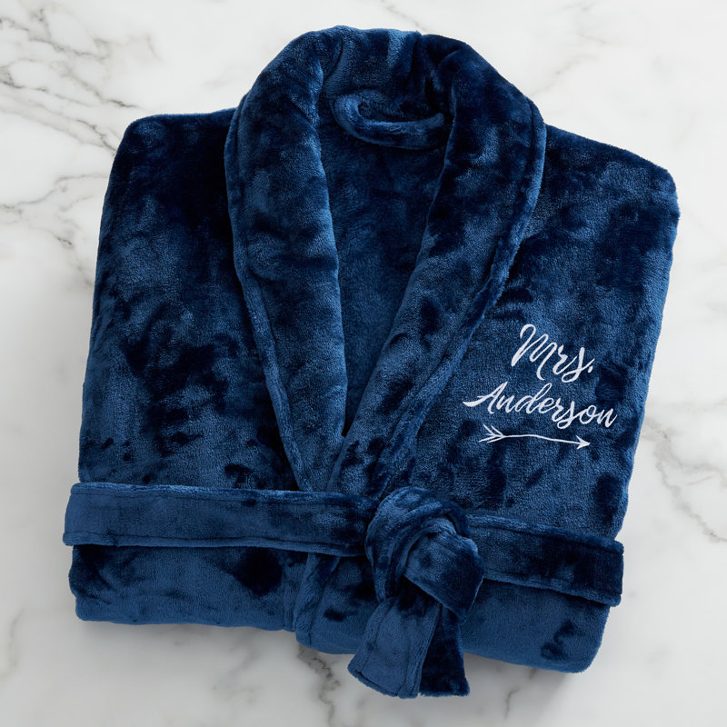 Mrs. Embroidered Fleece Mid Length Robe, Navy