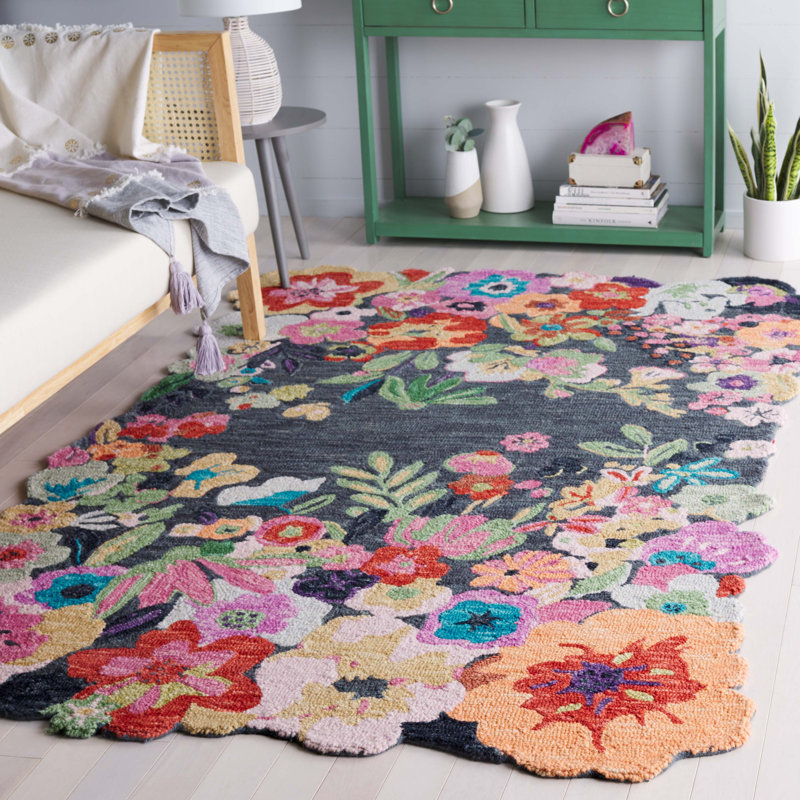 Floral rug wool/cotton hand tufted Garden in Gray/Pink, Rectangle 5' x 8'