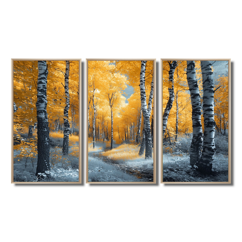 «Autumn Birch Trees Forest Path Panorama I», ensemble d'art mural forêt, H 28 po x l 36 po x P 1 po