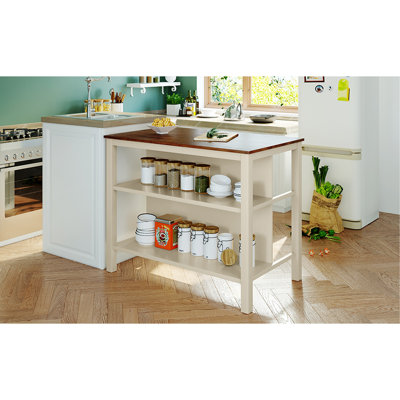Îlot de cuisine en bois massif 45 po, table de préparation en bois d'hévéa avec 2 tablettes ouvertes pour petits espaces, noyer et blanc crème