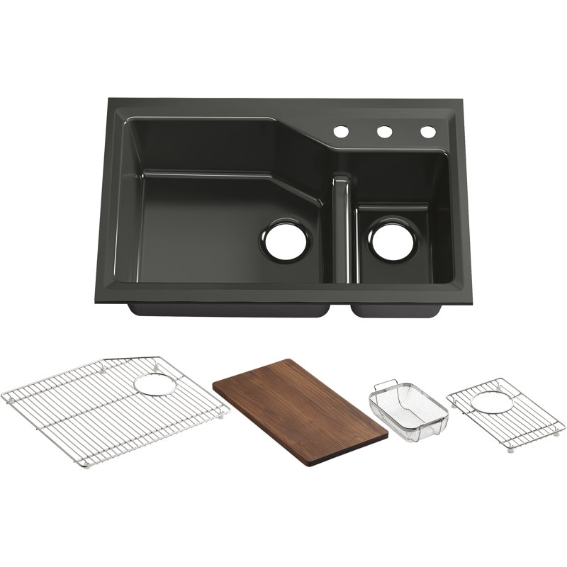 Indio® 33" L x 21.125" W Double Basin Undermount Kitchen Sink with Accessories, Caviar, 3 hole