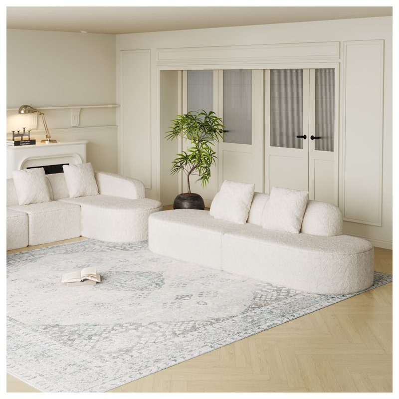 Canapé modulaire incurvé modulaire en L de 111,8 po - Litchi en polyester texturé à poils longs avec méridienne très large et dossier arrondi, mobilier de salon blanc moderne