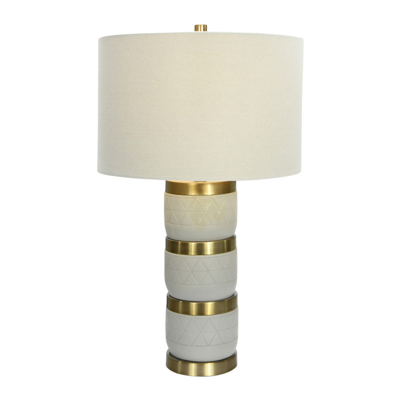 Raw Concrete Table Lamp with Gold Accents and Linen Shade, Gray Gold