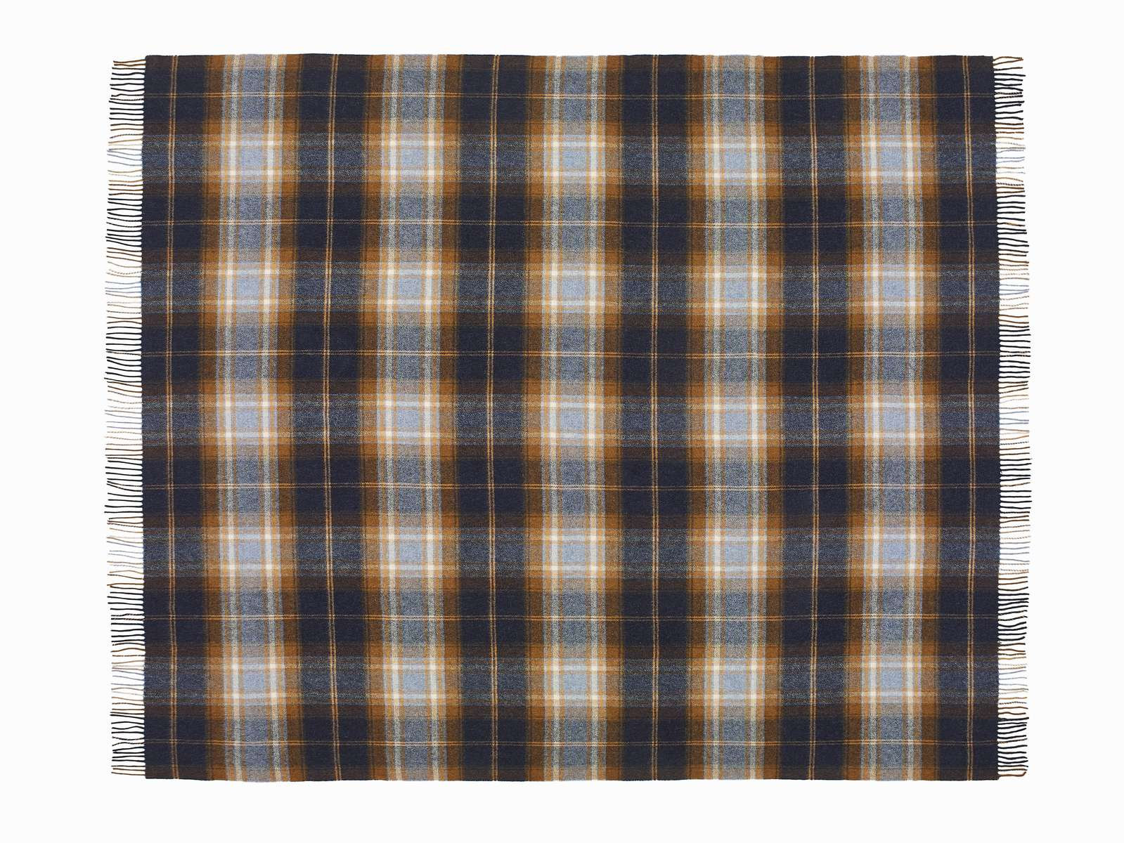 Merino Lambswool Throw/Blankets Hand Woven Blanket, Blue/Orange/Navy Checkered