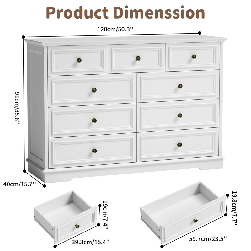 Valera 9-Drawer Dresser, Vintage Wide Storage Chest With Antique Bronze Handles, White