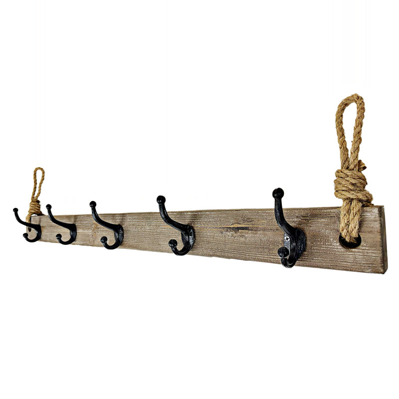 Porte-manteau suspendu en bois avec corde – 5 crochets