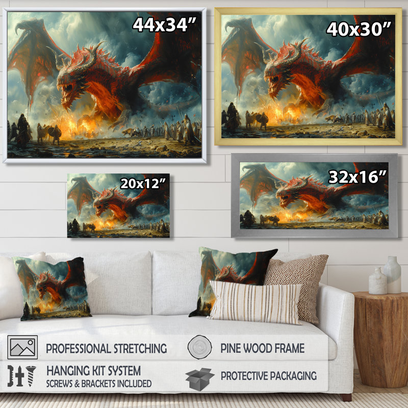 Décoration murale Sotelo - Dragons, Toile avec cadre flottant brun, H 12 po x l 20 po x P 1 po
