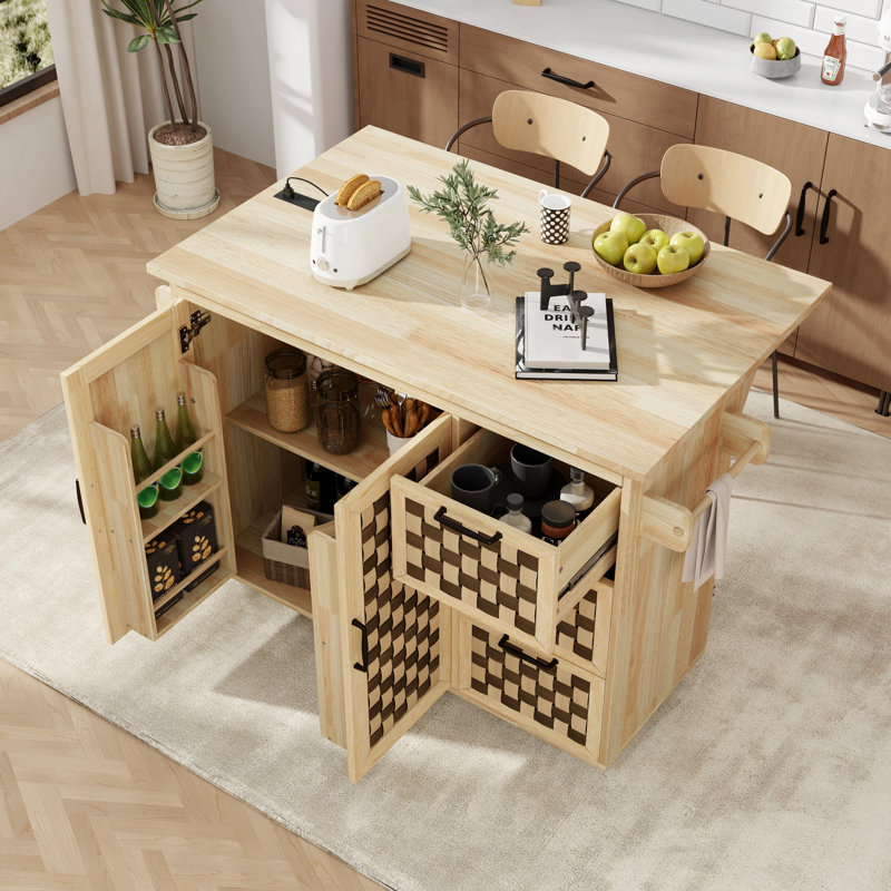 53.2"W 3D Woven Checkerboard Pattern Design Kitchen Island With Drop Leaf, Rolling Kitchen Island On Wheels With Internal Storage Rack, Power Outlet, Kitchen Cart With 3 Drawers 2 Cabinets, Nature