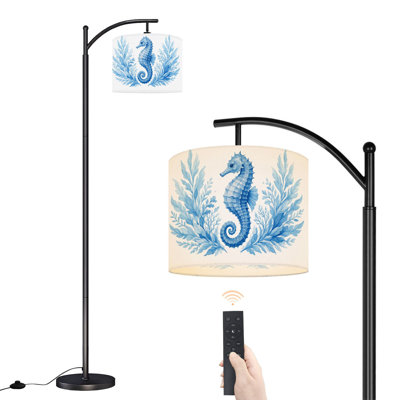 Arc Floor Lamp Blue Watercolor Seahorse Ornamental Leaves Floor Lamps with Remote LED Lights Adjustable Lamp Shades Tall Standing Lamps for Reading Office Living Room