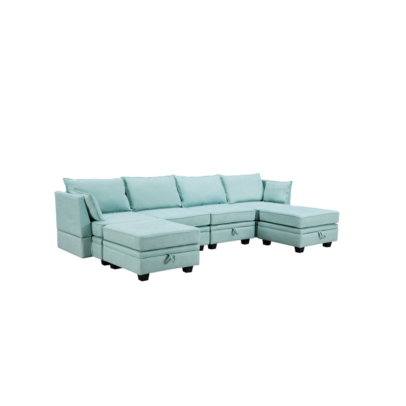 Canapé modulaire 5 pièces avec rangement caché et structure robuste 5 pièces, Lin vert clair