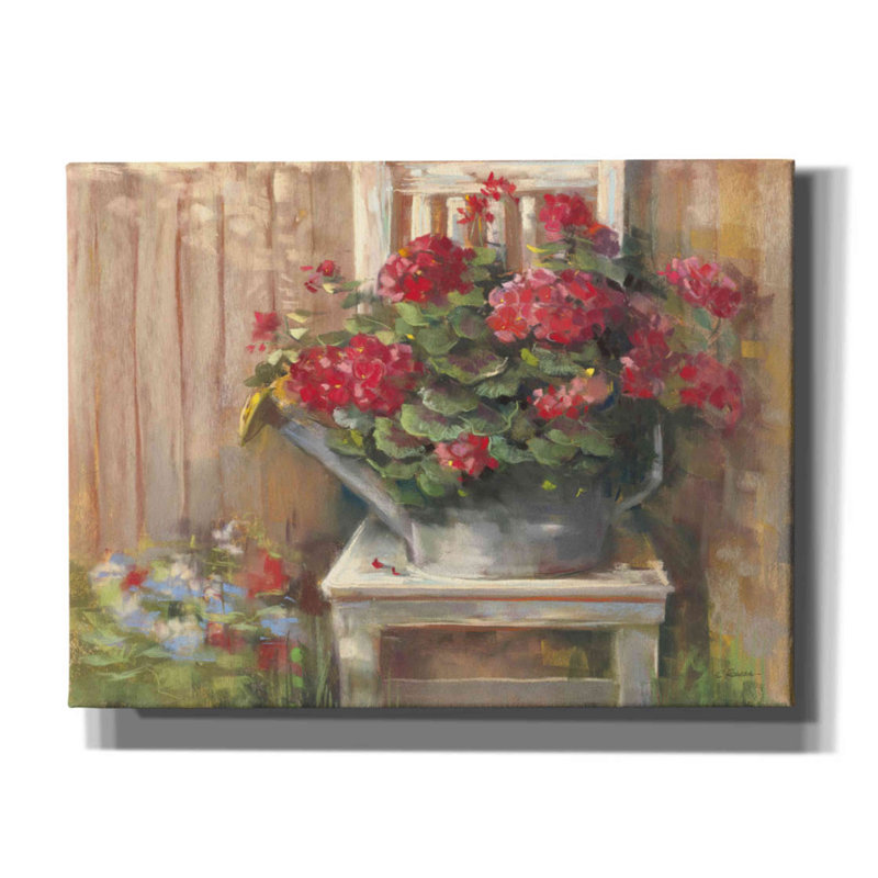 «Aanyla Geraniums On Chair on Canvas» par Carol Rowan, reproduction, H 12 po x l 16 po x P 0,75 po