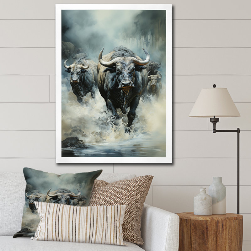 Kemaria, Afrique, Buffalo Migre II, reproduction sur toile, H 44 po x l 34 po x P 1,5 po, Cadre photo blanc