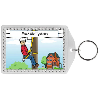 Personalized Name That Toon Telehone Lineman Male Rhinestone Bordered Key Chain