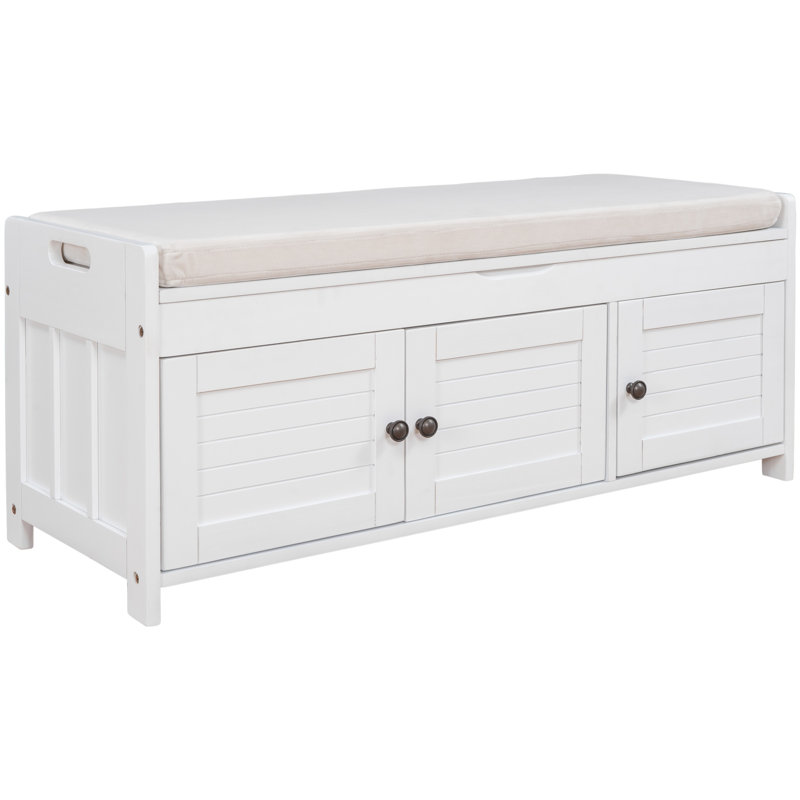 Banc de rangement avec 3 portes en forme de volet, banc à chaussures avec coussin amovible et espace de rangement caché