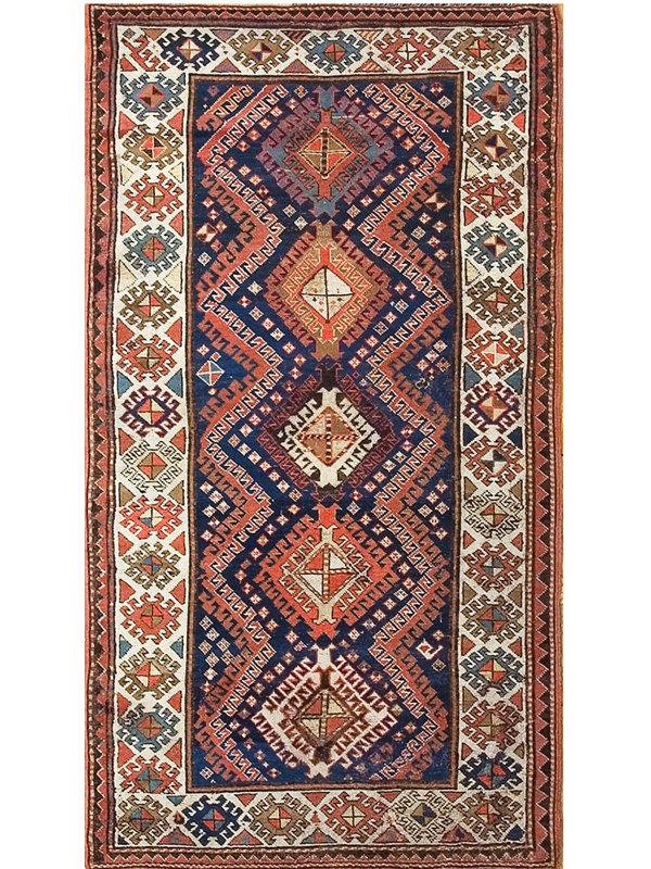 Colorful Antique Caucasian Kazak Small Scatter Size Wool Blue Tribal Rug