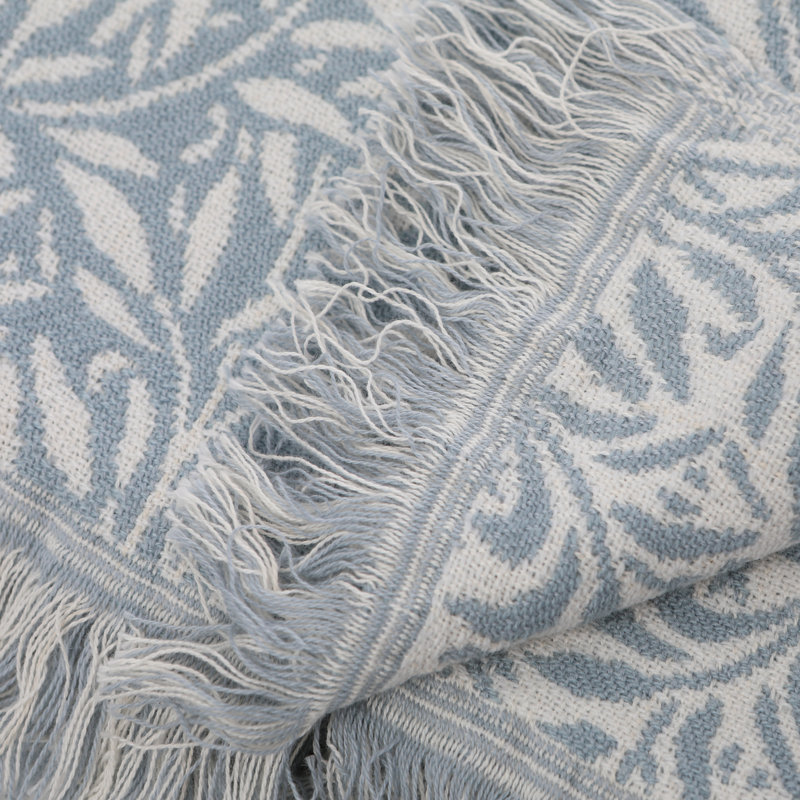 Aadhavan Floral Blanket with Fringe, Light Blue