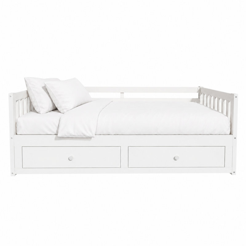 Lit de jour extensible simple à très grand avec lit gigogne, 2 tiroirs de rangement et garde-corps Harlow, Blanc