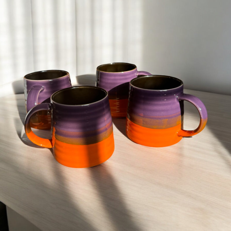 Double Decker Chocolate Purple and Orange Reactive Glaze Anyria Ceramic Coffee Mug Set of 4