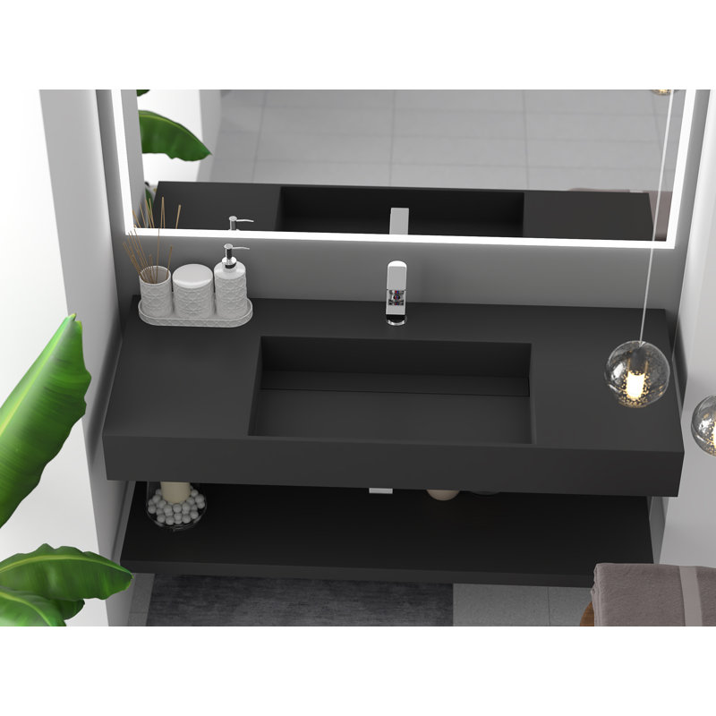 Juniper 48" Wall Mounted Solid Surface Floating Bathroom Sink with Concealed Drain, Black, Black