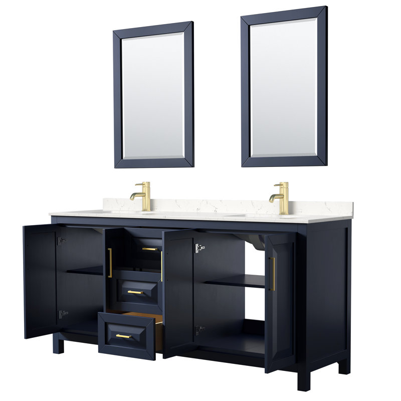 72 in. Double Vanity with Mirror, Carrara Cultured Marble, Dark Blue, Brushed Gold