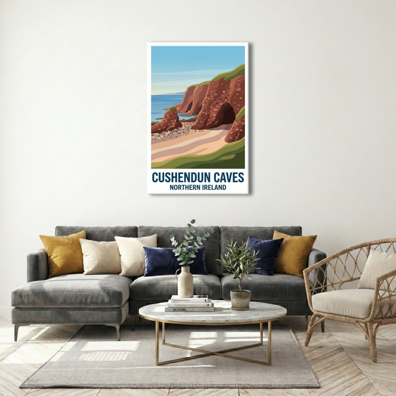 Cushendun Caves, Northern Ireland - Romantic Coastal Travel Poster Of Sea-Carved Cliffs And Hidden Coves. Giclee Print On Wrapped Canvas. Wall Art, Home Decor - Natural Landmarks, Northern Ireland - Wrapped Canvas Print