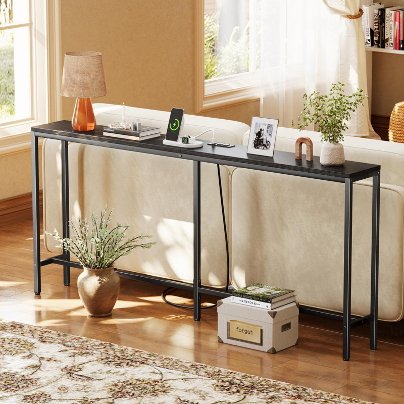 70" W Console Table with Outlet, Black, Black