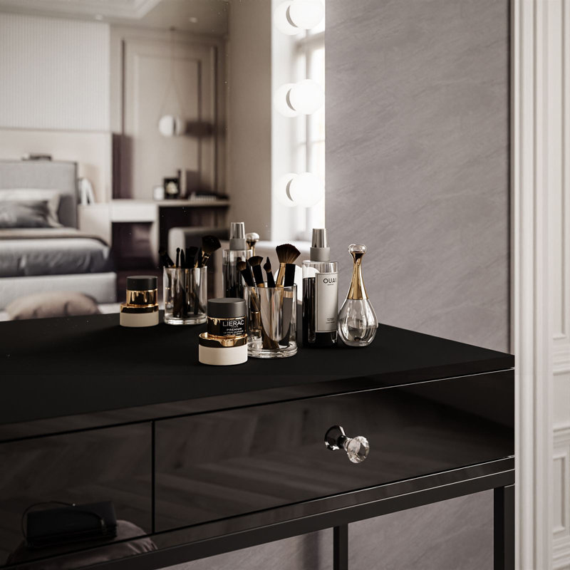 Anashima Dressing Table with Mirror, Black/Black high gloss/White crystal