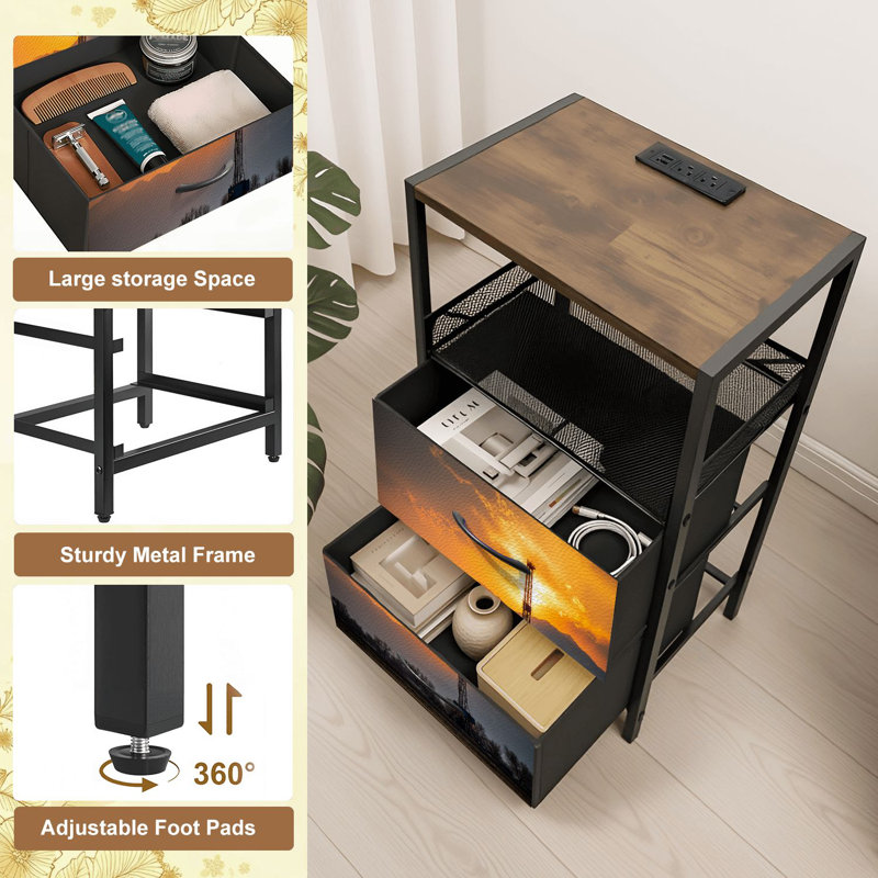 Table de chevet 2 tiroirs avec station de charge, table de chevet pour chambre avec ports USB et amp; Imprimé Outlets Outlet
